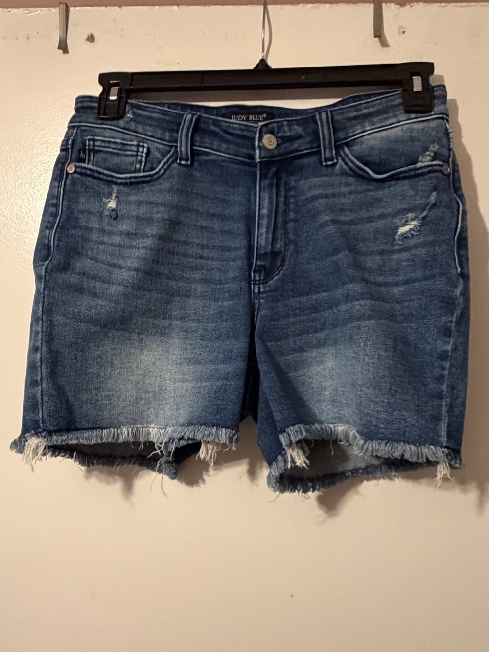 Judy Blue Mid-Rise Frayed Hem Denim Shorts - Blue Wash